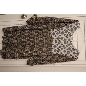 Umgee tunic dress in blue, white, and tan boho prints with a V-neck size Large